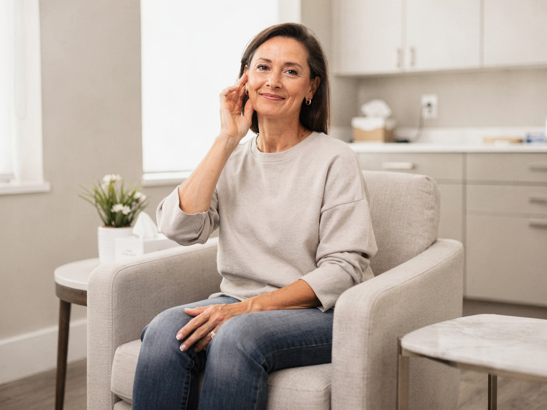 Woman sitting in a light-filled medical office, touching her ear while smiling at the camera